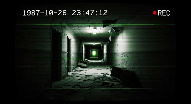 Found footage style horror hallway with green light and security camera overlay