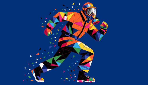 Vector illustration of low-poly firefighter wearing protective suit and gas mask, emergency response concept, modern rescue artwork