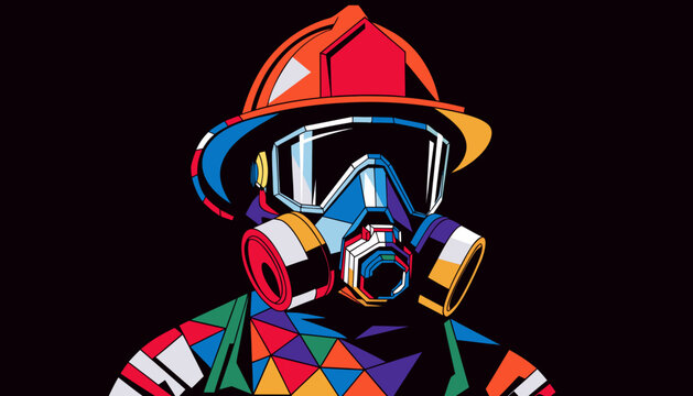Vector illustration of low-poly firefighter wearing protective suit and gas mask, emergency response concept, modern rescue artwork
