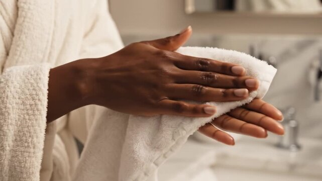 Close up dark skinned hands drying with soft white towel. Scene conveys sense morning routine hygiene. Ideal wellness skincare daily self-care content.