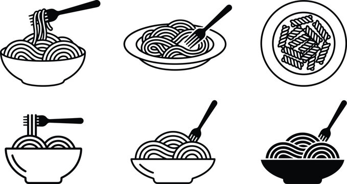 Italian Pasta and Spaghetti Line Icon Set with Twirling Noodles on Fork, Macaroni Plates, and Food Bowls for Restaurant Menu Graphic Layouts
