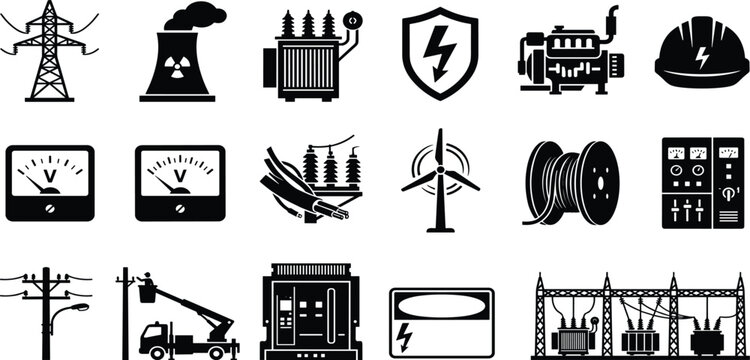 Electrical Power Grid and Industrial Electricity Icon Set with Energy Generation Substation Volt Meter and Engineering Safety Equipment Symbols