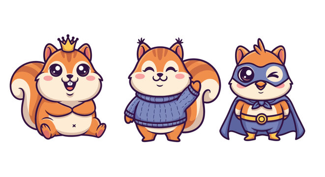 Whimsical cartoon squirrels in fun costumes collection.