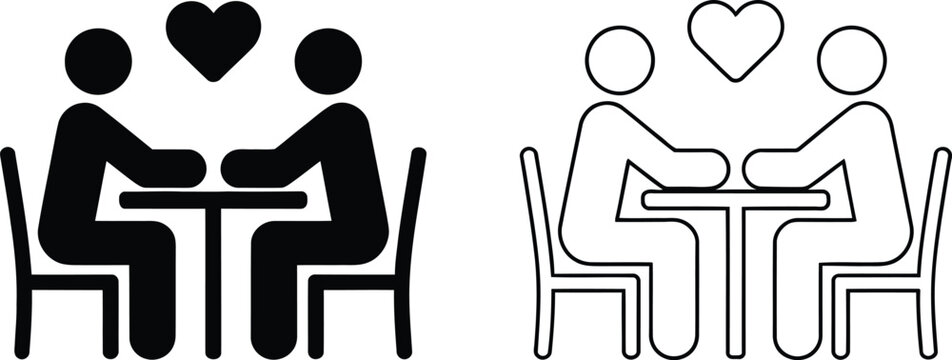 Couple having romantic dinner date at restaurant with heart icons
