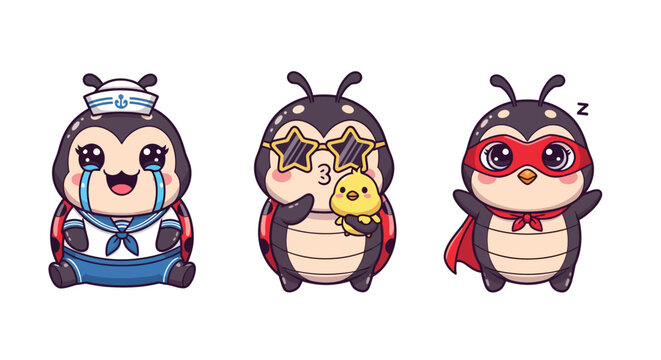 Cute Cartoon Bug Characters in Various Costumes and Poses.