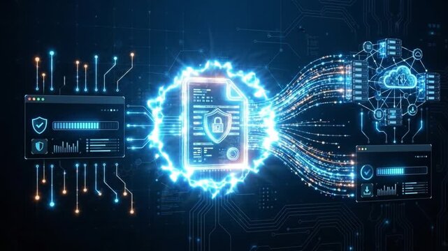 Digital security data protection with glowing encrypted file transfer, cloud storage, and cybersecurity technology interface illustrating secure information transfer and advanced digital technology