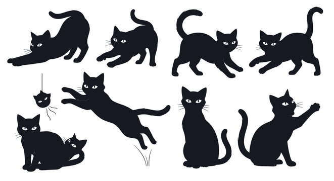 black cat silhouettes, various poses, feline icons