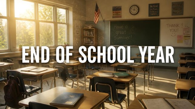 An empty classroom after the final bell. Sunlight streams through windows, illuminating dust motes and scattered notebooks on desks. Centered typography reads &ldquo;END OF SCHOOL YEAR.&rdquo;