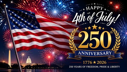 Fototapeta premium Happy 4th of July USA 250th anniversary celebration background with American flag, fireworks and Washington DC landmarks