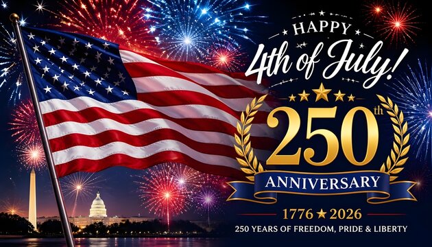 Happy 4th of July USA 250th anniversary celebration background with American flag, fireworks and Washington DC landmarks