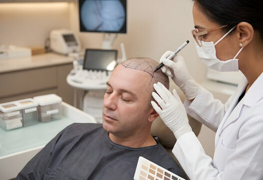 Doctor Marking Scalp with Grid for Hair Transplant &ndash; Medical, Hair, Transplant, Baldness, Treatment, Surgery, Scalp, Restoration, Cosmetic, Procedure
