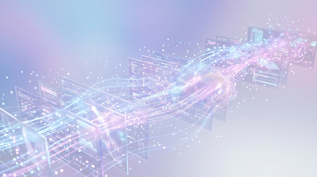 Abstract layered data sheets with glowing lines and particles futuristic scene