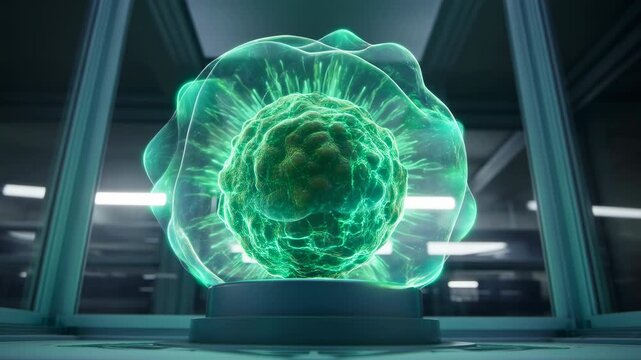 Glowing green sphere inside a futuristic laboratory chamber