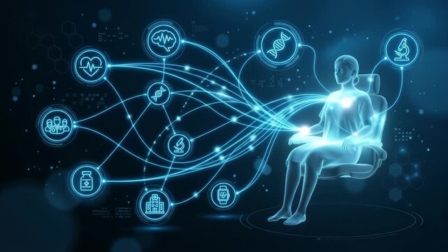 Human figure medical icons DNA symbol microscope heartbeat hospital building medicine bottle smartwatch digital health technology medical research futuristic interface glowing blue lines connected
