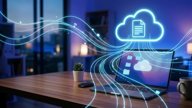 Cloud laptop digital file sharing wireless technology office desk computer data transfer modern workspace network communication internet business concept digital technology
