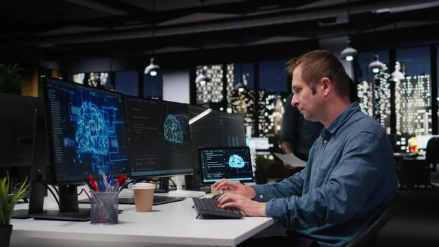 Data scientist in office analyzing machine learning algorithms to prevent AI errors. Tech agency IT professional reviewing code logic to improve artificial intelligence prediction accuracy.
