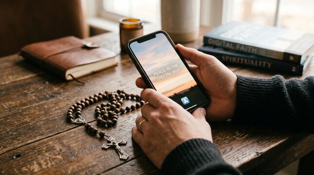 person holding smartphone with religious app for prayer and meditation