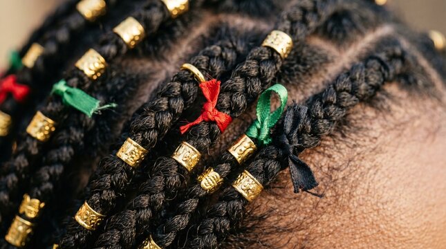 close up of traditional african braids with gold beads and bows for pan african celebration