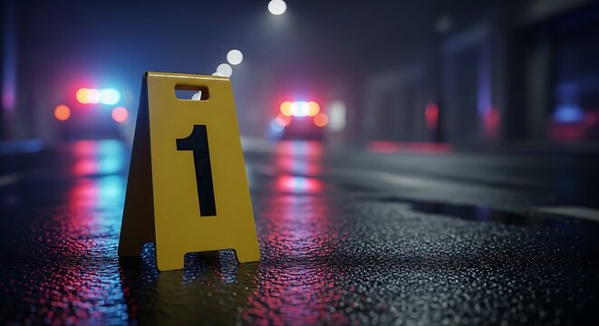 Yellow evidence marker number 1 on wet asphalt at night crime scene
