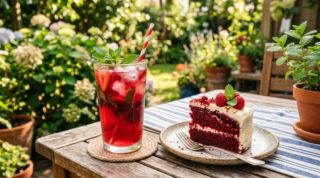 red velvet cake slice and traditional juneteenth red drink outside