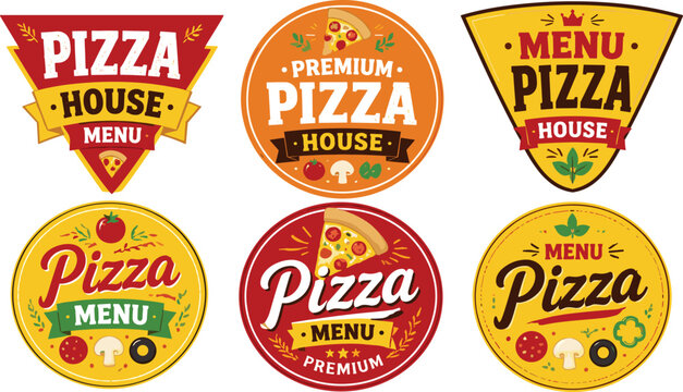 Vintage pizza house restaurant menu logo badge vector collection featuring retro circular and triangular emblems with fresh slices toppings and ribbons isolated on white background