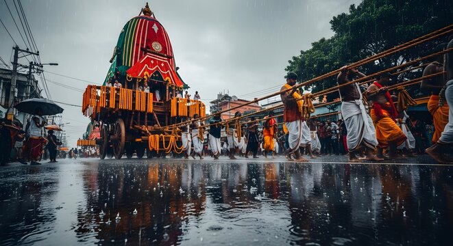 Devotees pulling the grand chariot during the Rath Yatra festival in India.