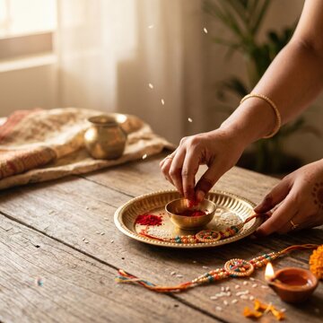 Raksha Bandhan ritual with sister tying rakhi and applying tika to brother