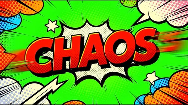 Vibrant chaos word animation in dynamic comic book pop art style