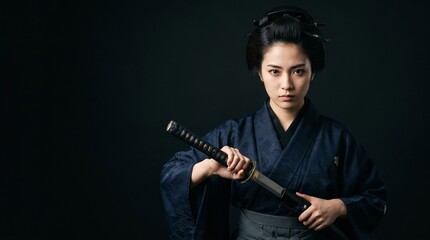 Fototapeta premium 漆黒の背景に凛と際立つ武士道スピリット。伝統的な羽織袴を纏った日本人女性の真剣な眼差しと、力強く手に持った日本刀がドラマチックな陰影で緊迫感を魅せるクローズアップポートレート