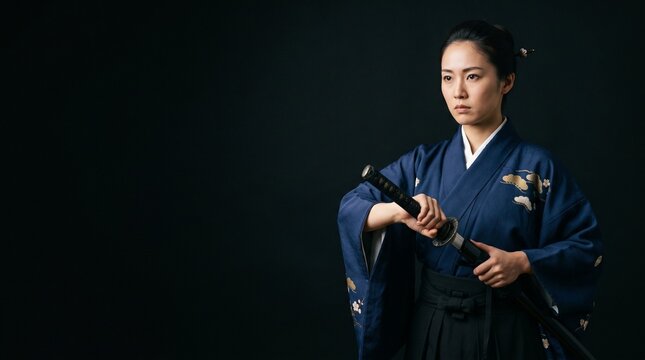 漆黒の背景に凛と際立つ武士道スピリット。伝統的な羽織袴を纏った日本人女性の真剣な眼差しと、力強く手に持った日本刀がドラマチックな陰影で緊迫感を魅せるクローズアップポートレート