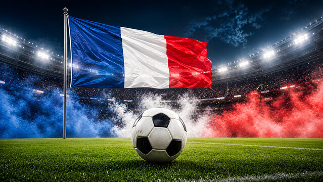 Soccer ball on a championship field with a French flag backdrop and vibrant blue and red smoke effects
