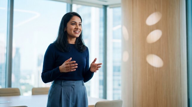 Innovative Indian female leader displaying confidence while presenting strategic ideas, enhancing teamwork in a modern corporate setting.