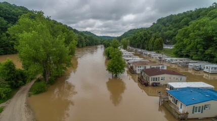 Obraz premium Severe rural flooding with submerged homes, brown floodwater, inundation, disaster, climate impact, damaged community and widespread water coverage across a countryside settlement