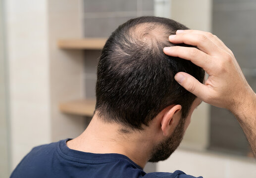 Man Examining Thinning Hair in Mirror &ndash; Baldness, Hair, Loss, Male, Pattern, Aging, Health, Scalp, Genetics, Concern
