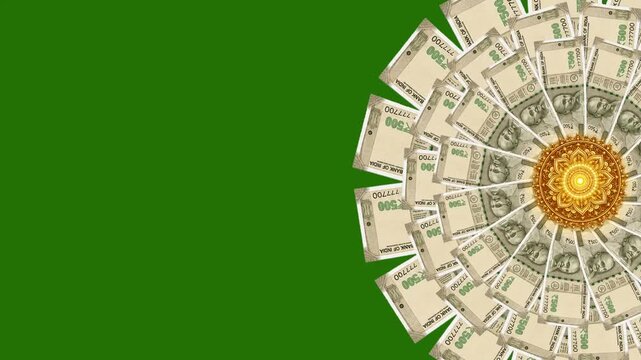 Dynamic Indian 500 Rupee notes spinning in a fast-paced mandala kaleidoscope pattern on the right side of a green screen.