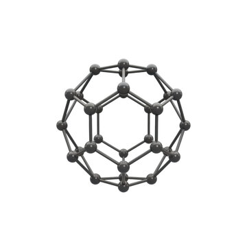 Fullerene c60 molecule as a complex truncated icosahedron with charcoal spheres and metallic bonds suspended in a transparent studio space scientific concept