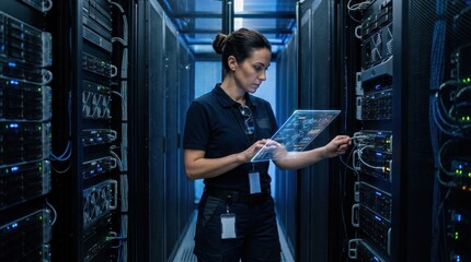 Fototapeta premium Female technician working in a server room, using a transparent digital tablet beside network racks in a blue lit data center, focused on system maintenance and monitoring for advertising and editoria