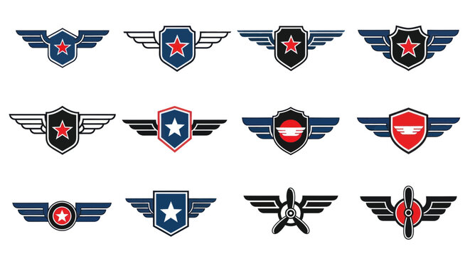 Vintage aviation wings and military shield emblem collection