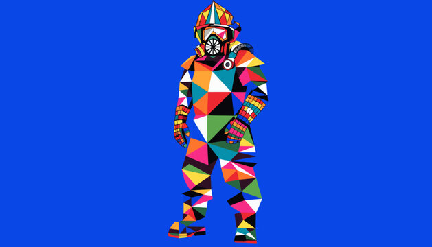 Vector illustration of low-poly firefighter wearing protective suit and gas mask, emergency response concept, modern rescue artwork