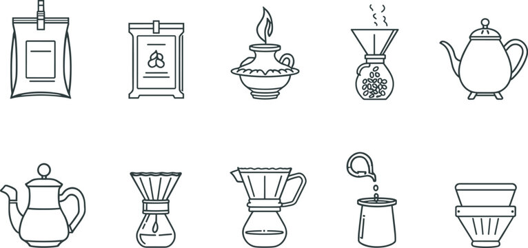 Minimalist vector line art icon set featuring specialty coffee and tea brewing methods including classic teapots pour over drippers packaging isolated on white background