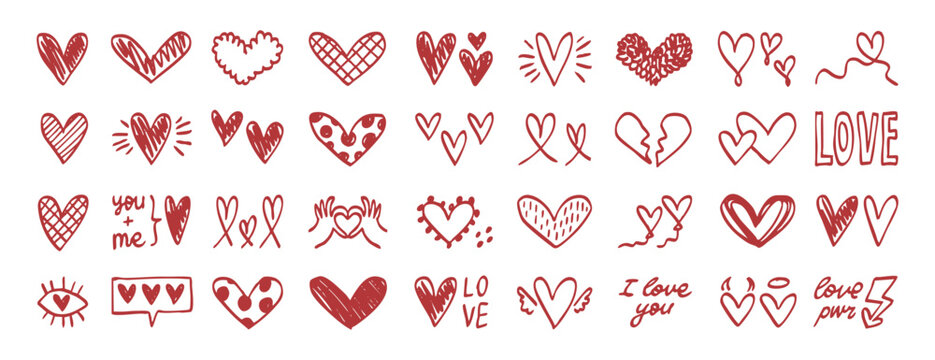 red watercolor hearts and scribbles arranged on light background, soft bleeding edges and textured brushstrokes create warm romantic mood for wedding invites, printables, and digital stickers