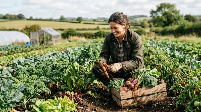 Smiling woman harvesting fresh vegetables in an organic farm garden, crouching beside a wooden crate of carrots, beets and greens on a sunny rural field with rows of crops for advertising and editoria