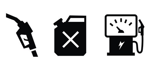 Gas pump icon set with automotive fuel station symbols, service warning cross, and pump gauge display. © Articurve
