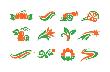 Fototapeta premium Collection of stylized graphic design elements and icons in orange and green