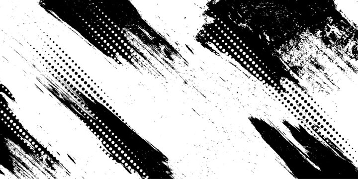 Abstract grunge halftone brush stroke background with distressed black and white texture design