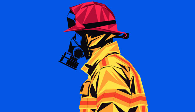 Vector illustration of low-poly firefighter wearing protective suit and gas mask, emergency response concept, modern rescue artwork