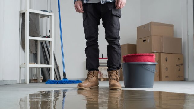 Water cleanup after indoor flooding with worker in boots, puddles, mop, bucket and storage boxes. Property damage restoration and household maintenance concept