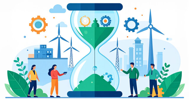 Green Energy Transition Concept with People Around an Hourglass Representing Time for Sustainable Power Solutions and Environmental Change
