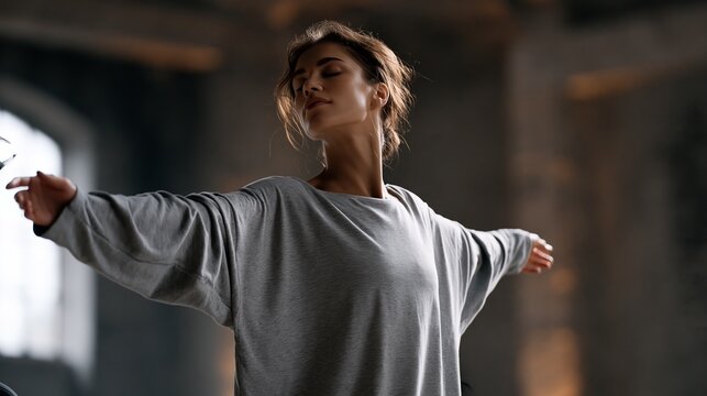 Woman stretching arms in relaxed pose inside loft studio