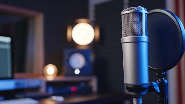 professional condenser microphone with pop filter in modern recording studio. blurred background with audio equipment and warm lighting. podcasting, broadcasting, voiceover, music production.